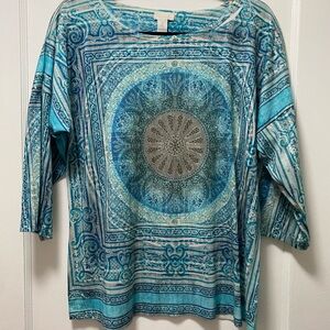 Chico's Teal and Blue Mandala Long Sleeve Top large